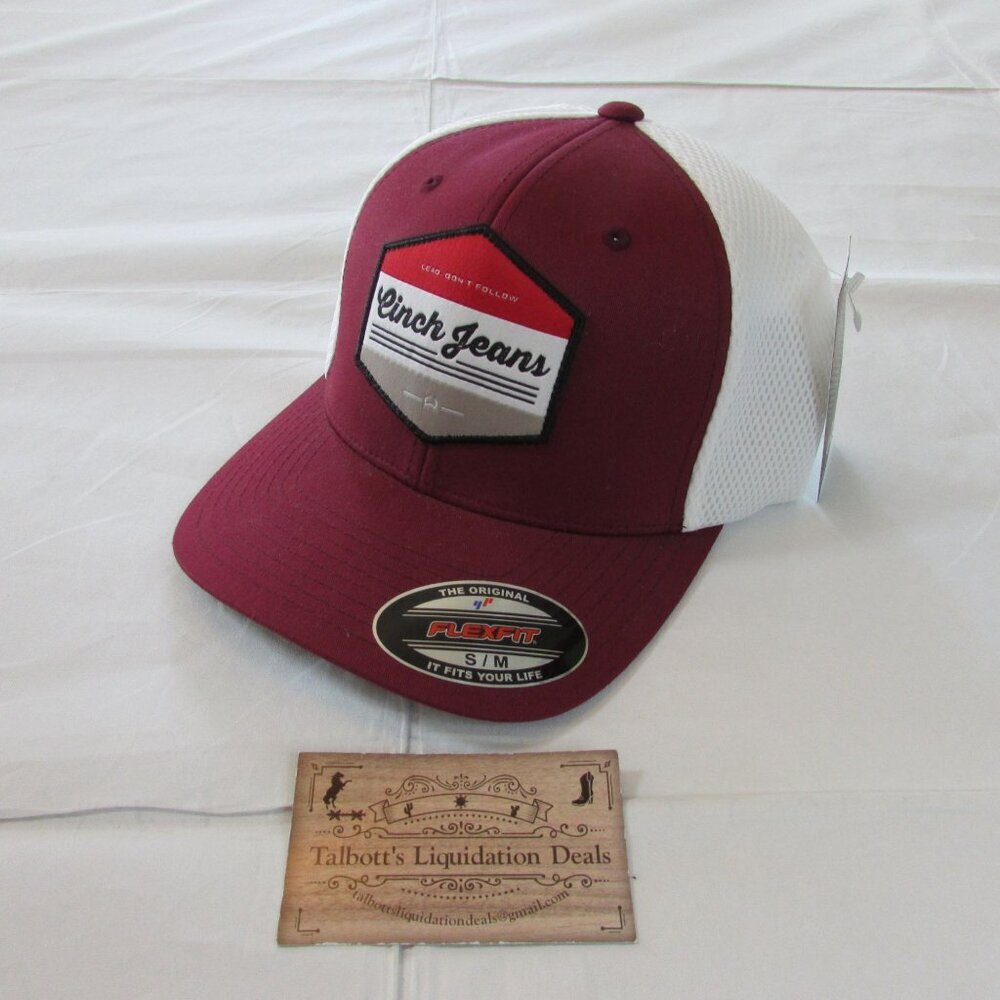 Cinch S/M Flexfit Logo Patch Trucker Baseball Cap Hat Burgundy